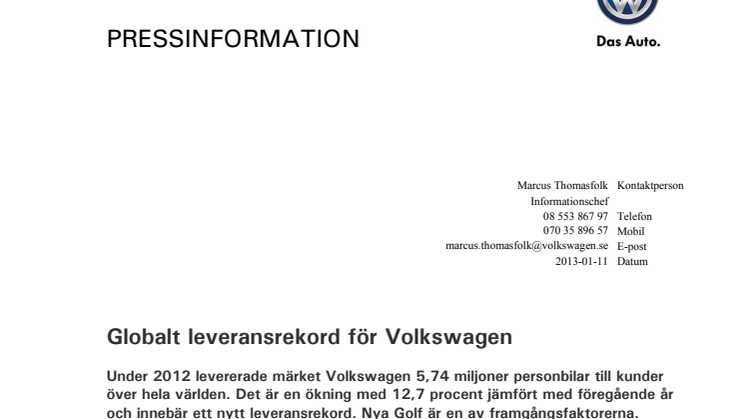 Globalt leveransrekord för Volkswagen 