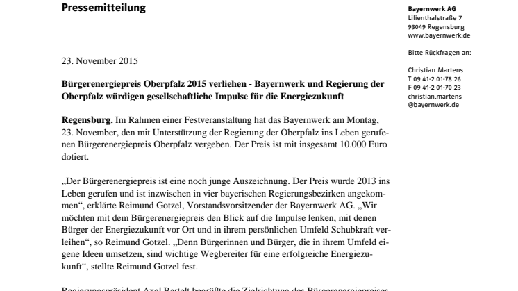 Bürgerenergiepreis Oberpfalz 2015 verliehen