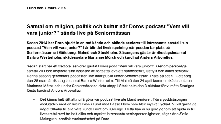 Samtal om religion, politik och kultur när Doros podcast ”Vem vill vara junior?” sänds live på Seniormässan 