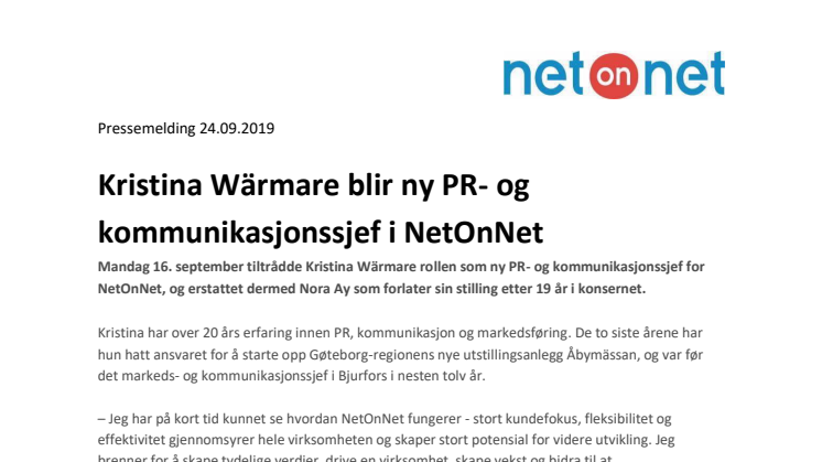 Kristina Wärmare blir ny PR- og kommunikasjonssjef i NetOnNet
