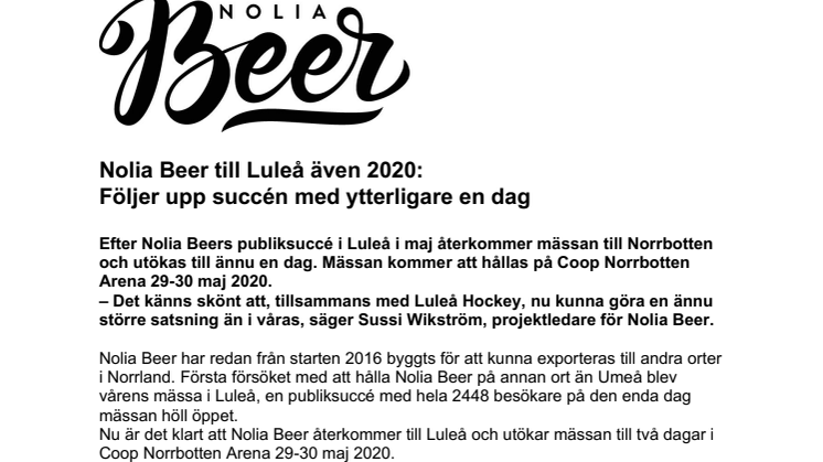 Nolia Beer till Luleå även 2020: Följer upp succén med ytterligare en dag