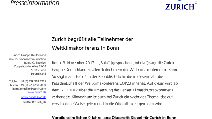 Zurich begrüßt alle Teilnehmer der Weltklimakonferenz in Bonn