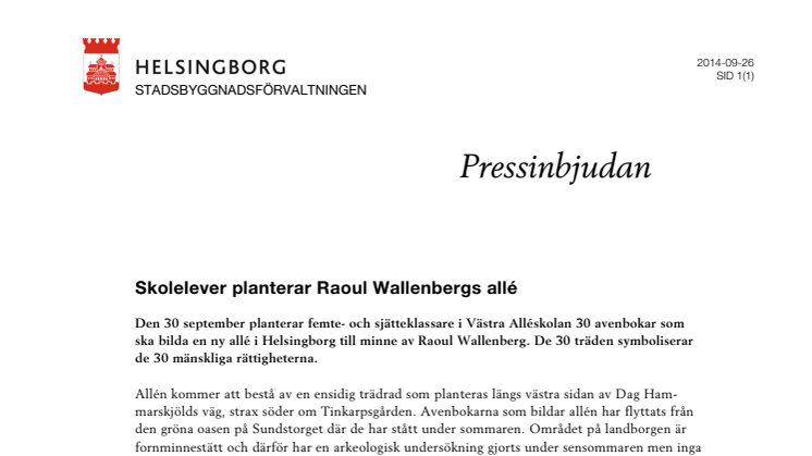 Pressinbjudan: Skolelever planterar Raoul Wallenbergs allé