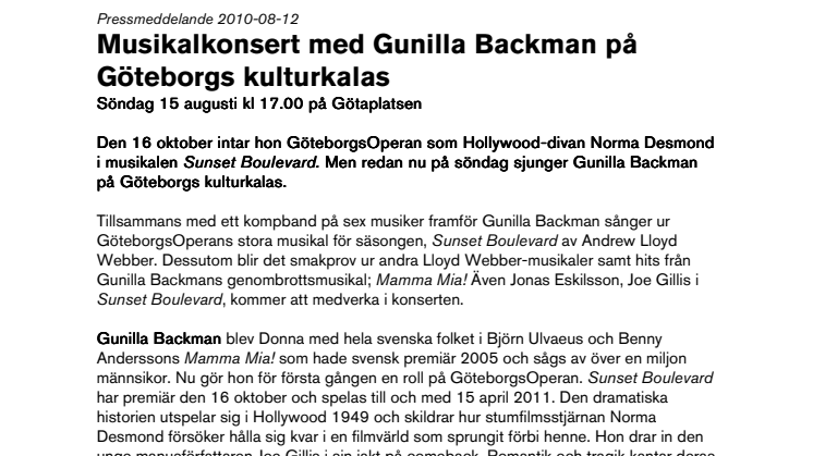 Musikalkonsert med Gunilla Backman på Göteborgs kulturkalas 