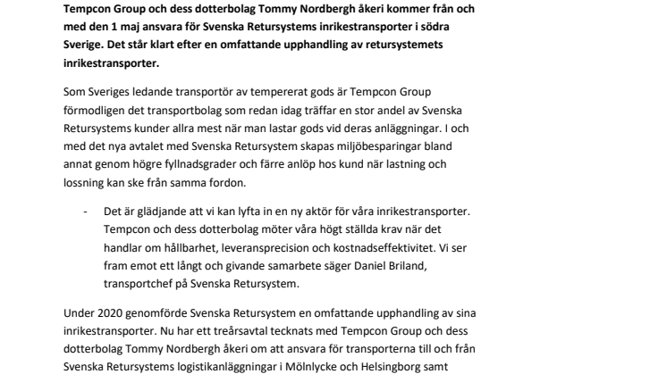 Tempcon ny transportör för Svenska Retursystem i region syd