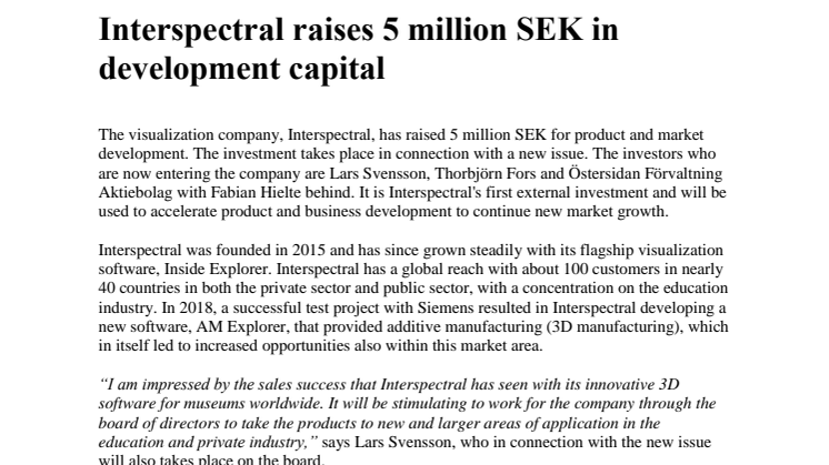 Interspectral raises 5 million SEK in development capital