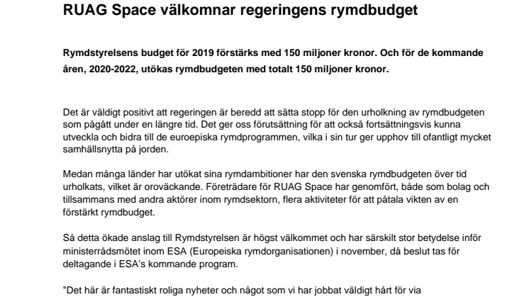 RUAG Space välkomnar regeringens rymdbudget