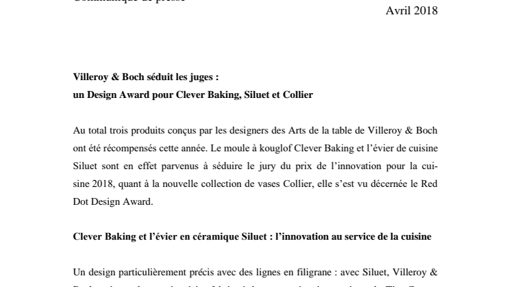 Villeroy & Boch séduit les juges : Un Design Award pour Clever Baking, Siluet et Collier