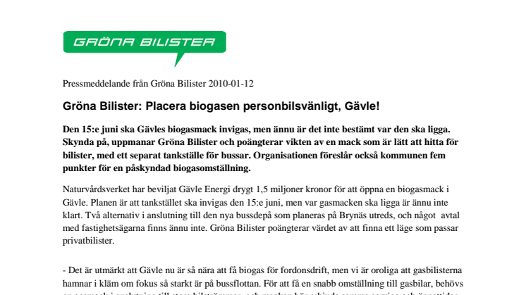 Gröna Bilister: Placera biogasen personbilsvänligt, Gävle!