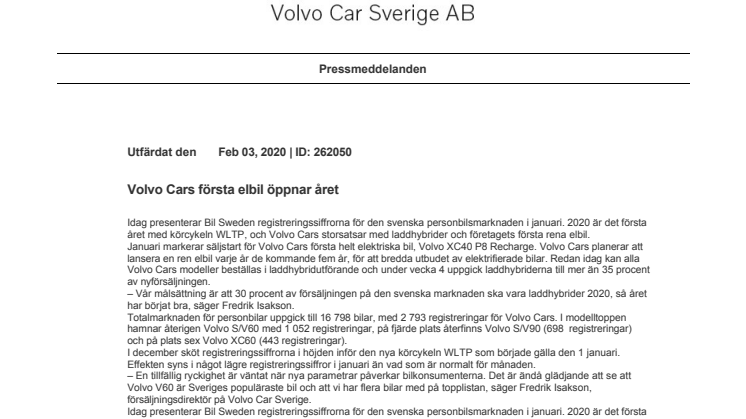 Volvo Cars första elbil öppnar året