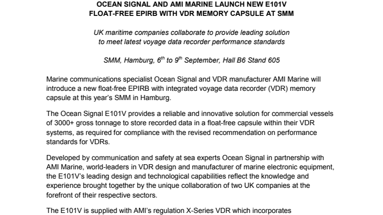Ocean Signal: Ocean Signal and AMI Marine Launch New E101V Float-Free EPIRB with VDR Memory Capsule at SMM