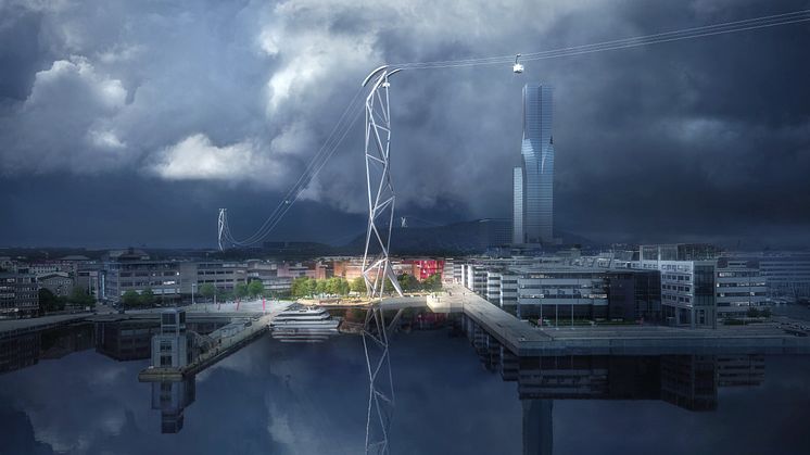 Bilden visar en del av det vinnande förslaget i tävlingen för design av Göteborgs stadslinbana, här vid Lindholmen. Illustration: UNStudio och Kjellgren Kaminsky