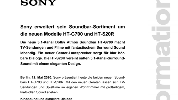 Sony erweitert sein Soundbar-Sortiment um die neuen Modelle HT-G700 und HT-S20R