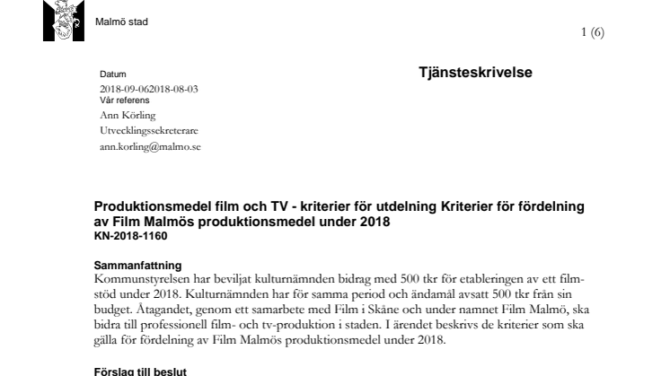Tjänsteskrivelse kriterier produktionsmedel Film Malmö