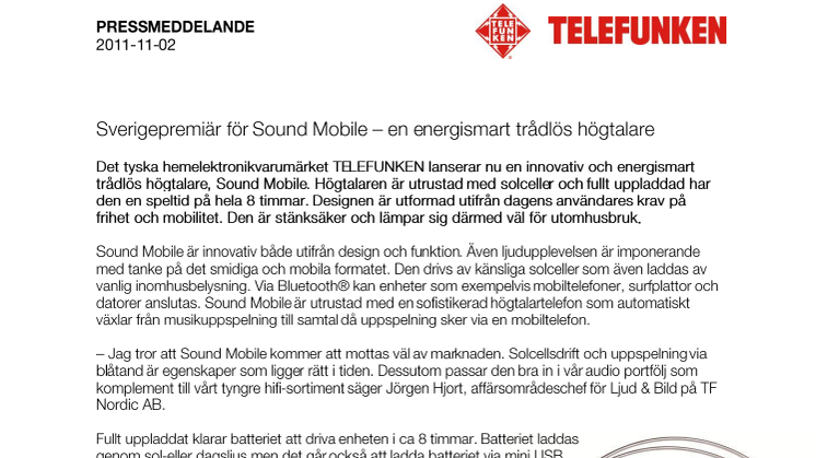 Sverigepremiär för Sound Mobile – en energismart trådlös högtalare 