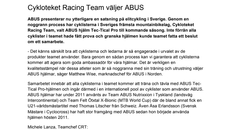Cykling: Cykloteket Racing Team väljer ABUS