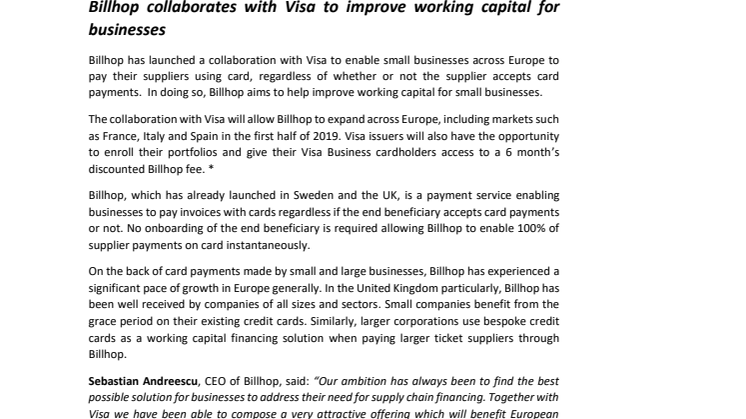 Billhop collaborates with Visa to improve working capital for businesses