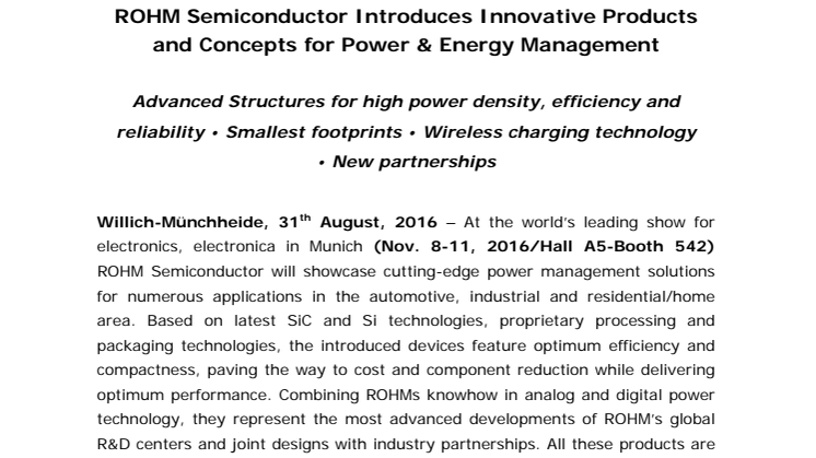 ROHM Semiconductor Introduces Innovative Products and Concepts for Power & Energy Management 