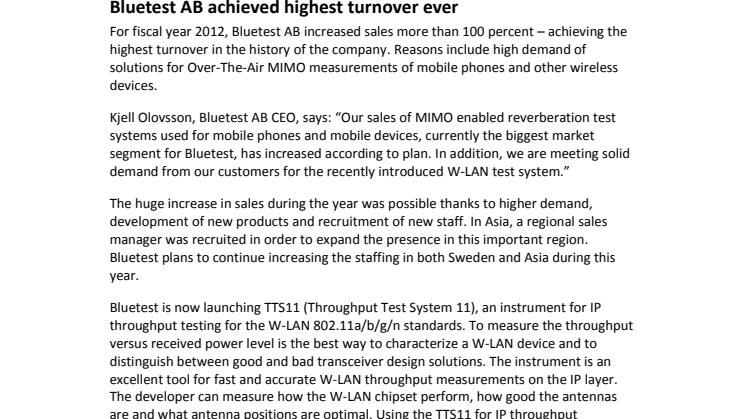 Bluetest AB achieved highest turnover ever