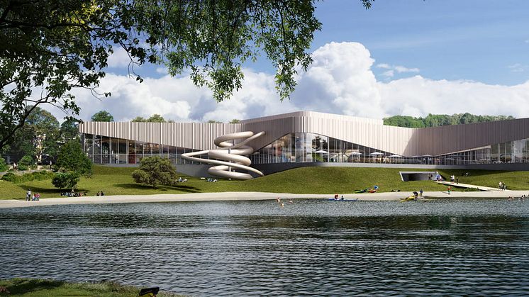 Linköpings nya simhall beräknas kunna välkomna sina första besökare hösten 2022. Bild: 3XN Sverige