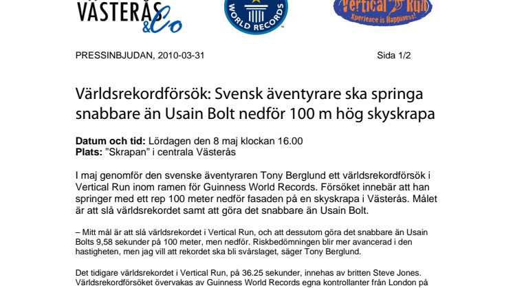 Världsrekordförsök: Svensk äventyrare ska springa snabbare än Usain Bolt nedför 100 m hög skyskrapa