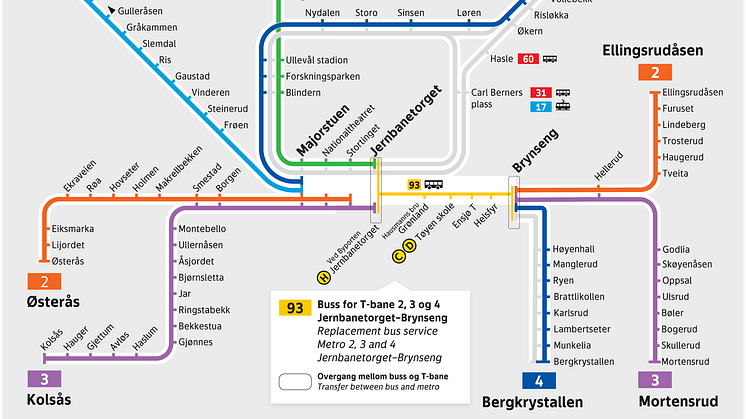 Endringer på T-banen på kveldstid fra søndag–torsdag