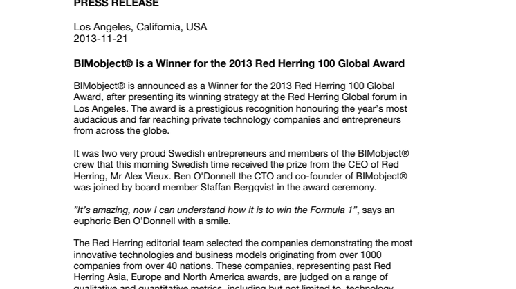 BIMobject® is a Winner for the 2013 Red Herring 100 Global Award