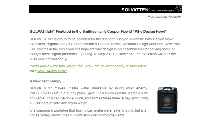 SOLVATTEN® Featured in the Smithsonian’s Cooper-Hewitt "Why Design Now?"  