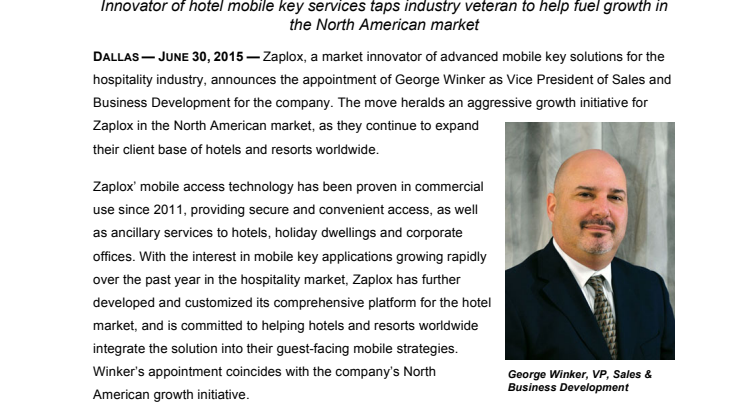 Innovator of hotel mobile key services Zaplox taps industry veteran to help fuel growth in the North American market