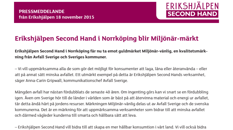 Erikshjälpen Second Hand i Norrköping blir Miljönär-märkt