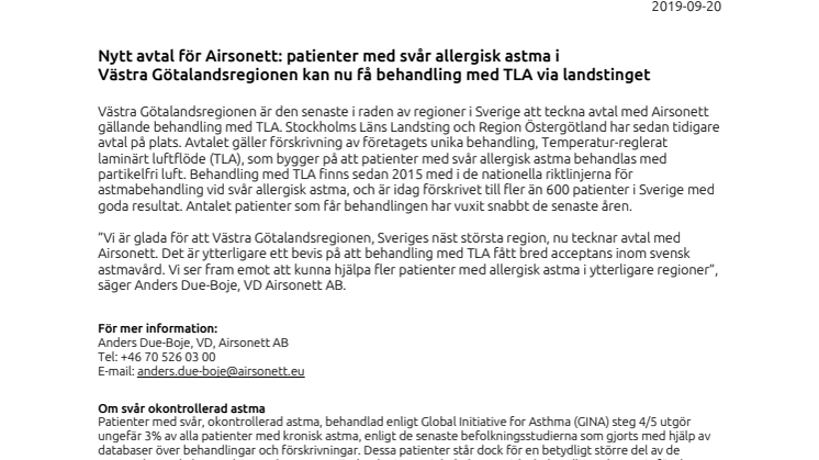Nytt avtal för Airsonett: patienter med svår allergisk astma i Västra Götalandsregionen kan nu få behandling med TLA via landstinget