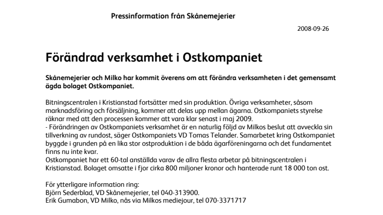 Förändrad verksamhet i Ostkompaniet