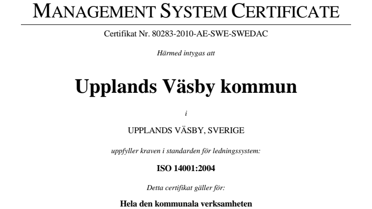 Hela kommunen i Väsby miljöcertifierad igen