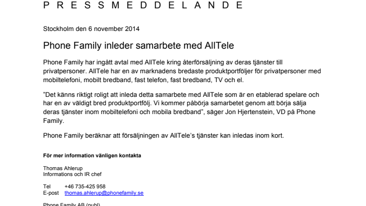 Phone Family inleder samarbete med AllTele
