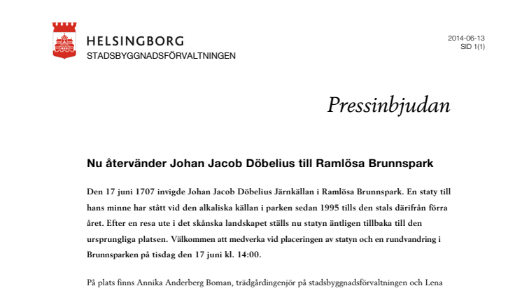 Pressinbjudan: Nu återvänder Johan Jacob Döbelius till Ramlösa Brunnspark
