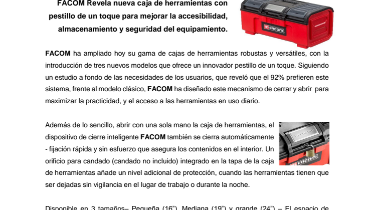 FACOM® Revela nueva caja de herramientas con pestillo de un toque.