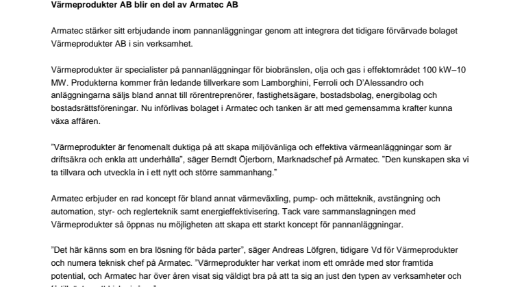 Värmeprodukter AB blir en del av Armatec AB