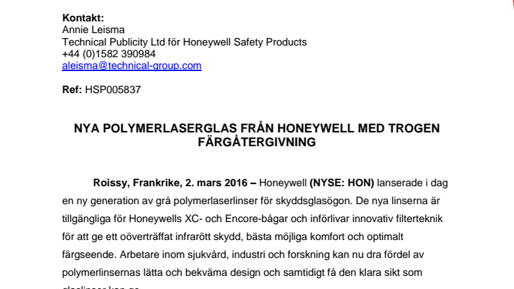 Nya polymerlaserglas från Honeywell med trogen färgåtergivning