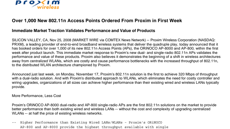 Over 1,000 New 802.11n Access Points Ordered From Proxim in First Week