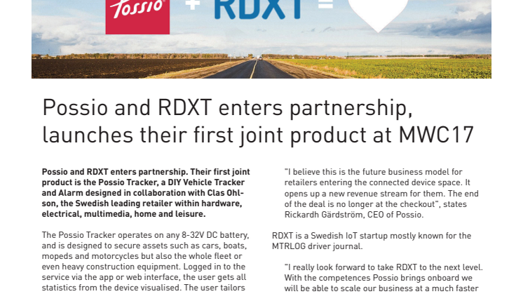 Possio and RDXT enters partnership, launches their first joint product at MWC 2017 