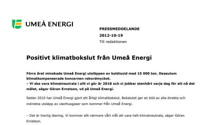 Positivt klimatbokslut från Umeå Energi