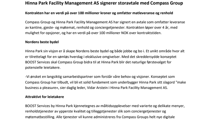 Hinna Park Facility Management AS signerer storavtale med Compass Group