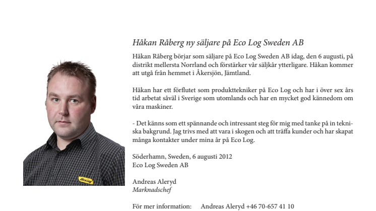 Håkan Råberg ny säljare på Eco Log Sweden AB