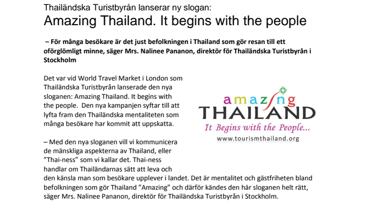 Thailändska Turistbyrån lanserar ny slogan: Amazing Thailand. It begins with the people
