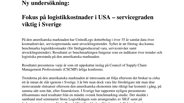 Årets logistik index publicerat: Fokus på logistikkostnader i USA – servicegraden viktig i Sverige