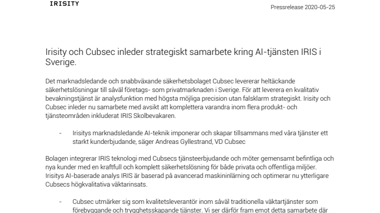 Irisity och Cubsec inleder strategiskt samarbete kring AI-tjänsten IRIS i Sverige.