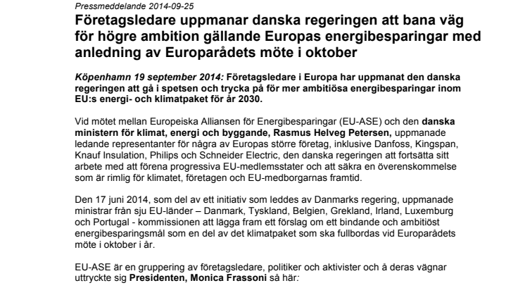 Företagsledare uppmanar danska regeringen att bana väg för högre ambition gällande Europas energibesparingar med anledning av Europarådets möte i oktober