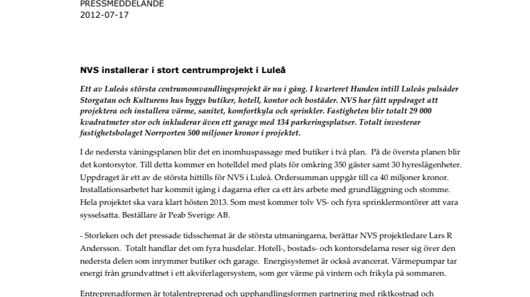 NVS installerar i stort centrumprojekt i Luleå