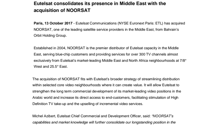 Eutelsat consolidates its presence in Middle East with the acquisition of NOORSAT