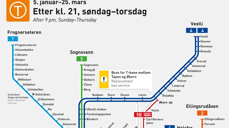 Linje 5 stenges på kvelden 